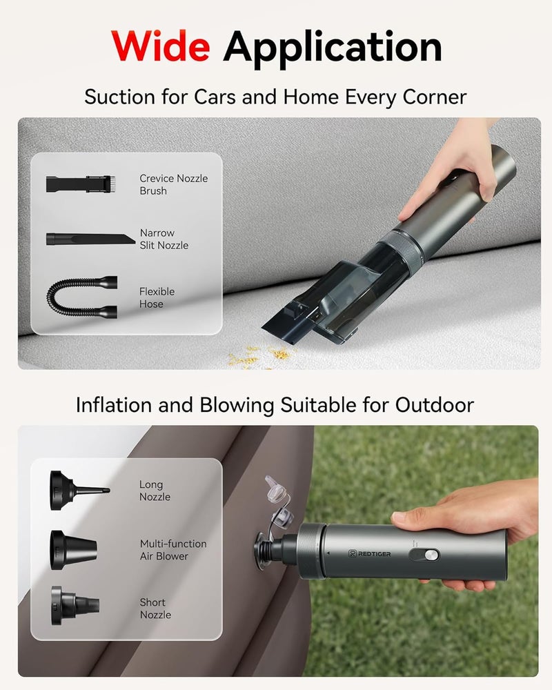 REDTIGER Car Vacuum Cordless, 21000PA Portable Handheld Vacuum Up to 70 Mins Runtime, 3.5H USB-C Fast Charge, Lightweight 4 in1 Mini Hand Held Cleaner Power for Car Home Outdoor Camp Pet Food Black - Image 5